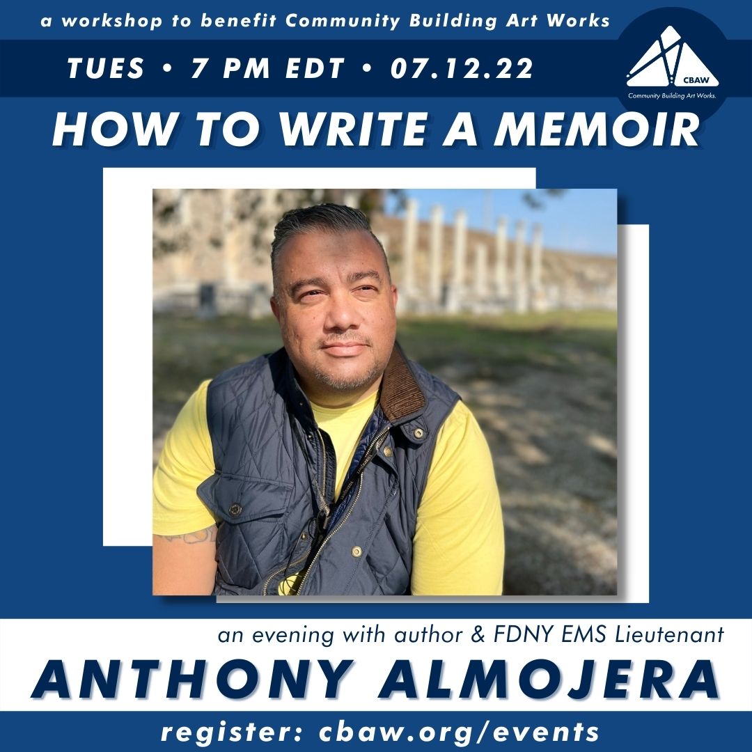 Event Description: a workshop to benefit Mission Belonging. Event Title is "How To Write A Memoir: An Evening with Anthony Almojera" and takes place virtually, 07-12-2022 at 7 pm ET. Visit missionbelonging.org/events for more details and registration.
