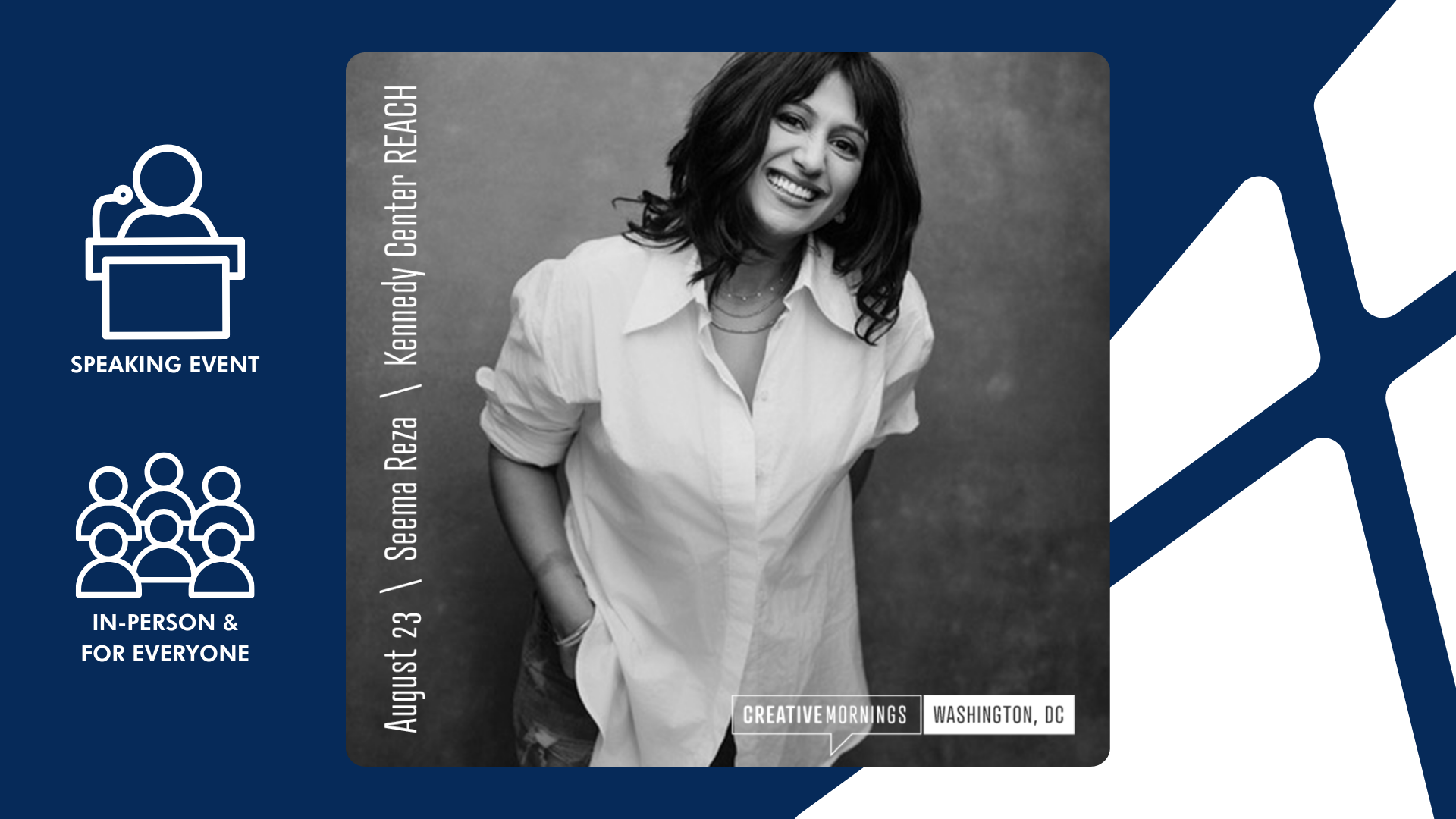 Ritual with Seema Reza Aug 23, 2024 • 7:30 AM – 9:00 AM CDT • The REACH, at the Kennedy Center for the Performing Arts (part of a series on Ritual)