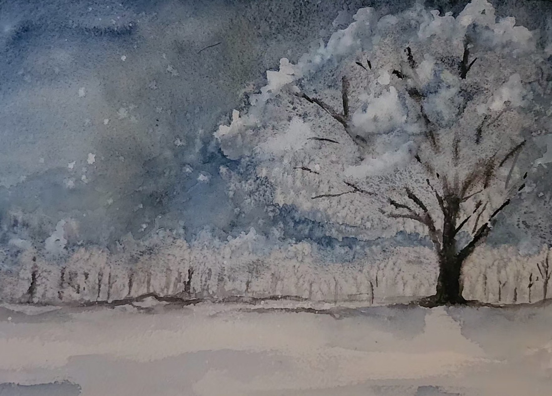 Painting of a snowy tree in a winter landscape. Sky is blue/gray and the texture is sandy looking. Painting by Shaun Smith