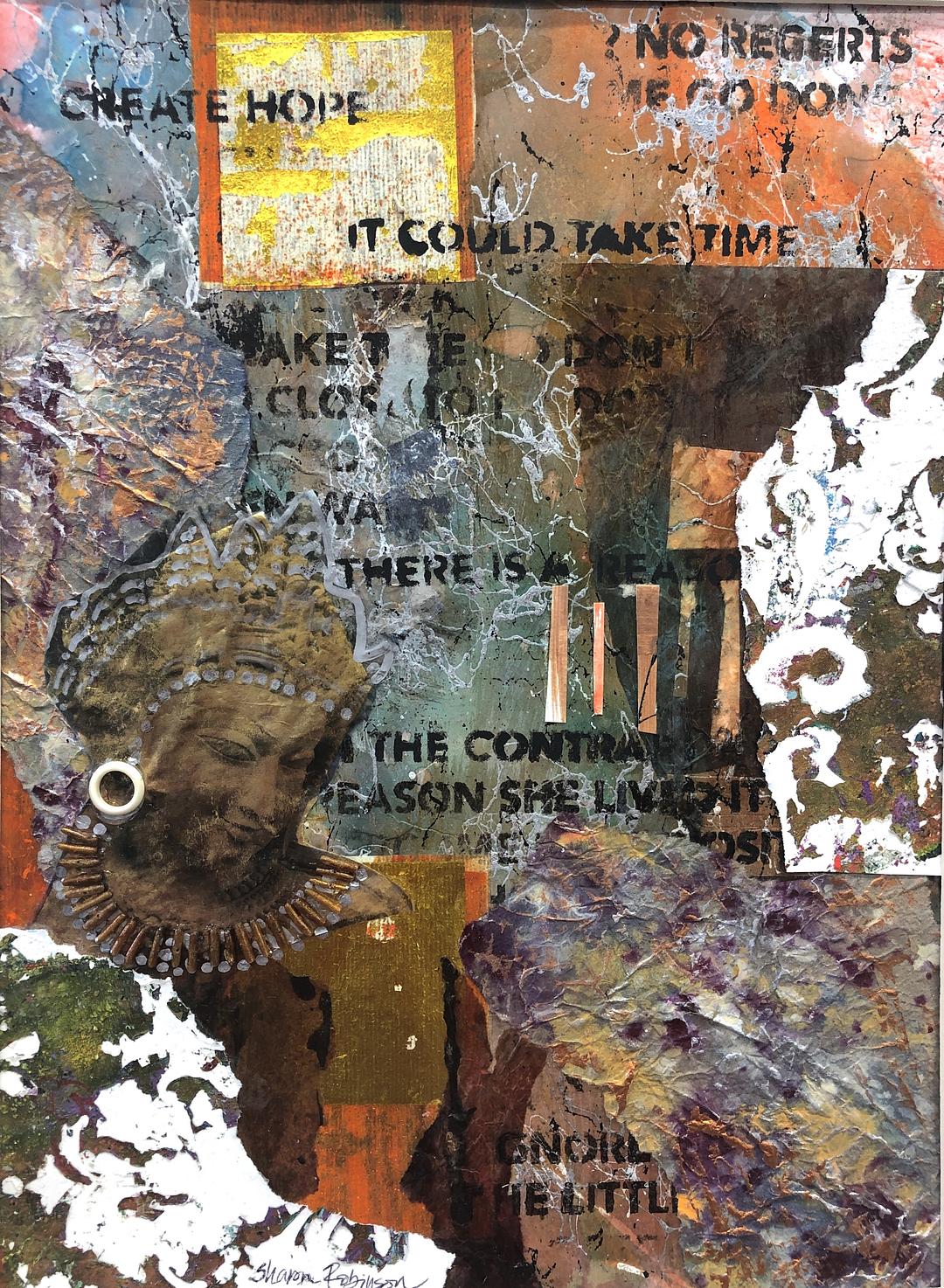 Seeking Wisdom II by Sharon Robinson Mixed‑media artwork by Sharon Robinson titled “Seeking Wisdom II,” featuring a sculpted head adorned with jewelry surrounded by layered textures, marbled color fields, torn paper, and abstract shapes. Text fragments appear throughout the composition, partially obscured by overlapping materials.