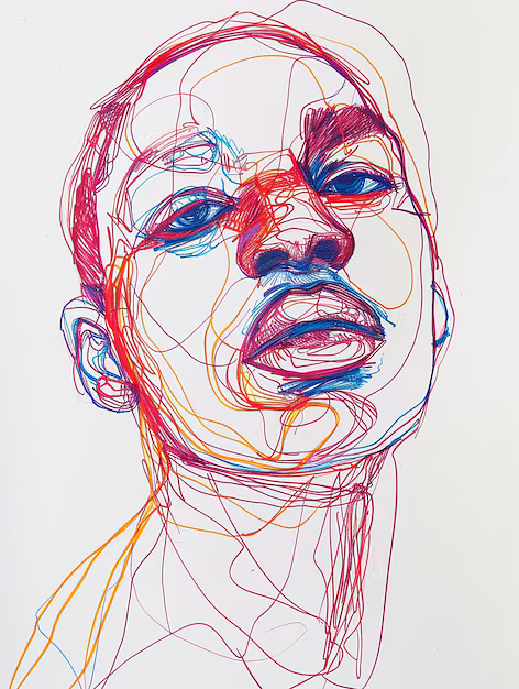 Untitled Artwork (Unknown Artist) Colorful abstract line drawing of a person’s face and neck created with overlapping continuous lines in red, blue, orange, and pink. The layered strokes form expressive facial features and contours, giving the portrait a dynamic and vibrant appearance.