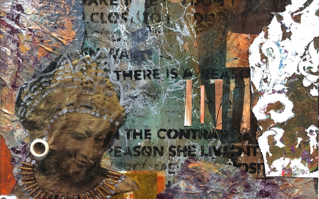 Mixed‑media artwork by Sharon Robinson titled “Seeking Wisdom II,” featuring a sculpted head adorned with jewelry set within layered textures, marbled backgrounds, torn paper, and abstract patterns. Decorative vertical elements appear on the right side, and fragments of text are partially visible throughout the composition.