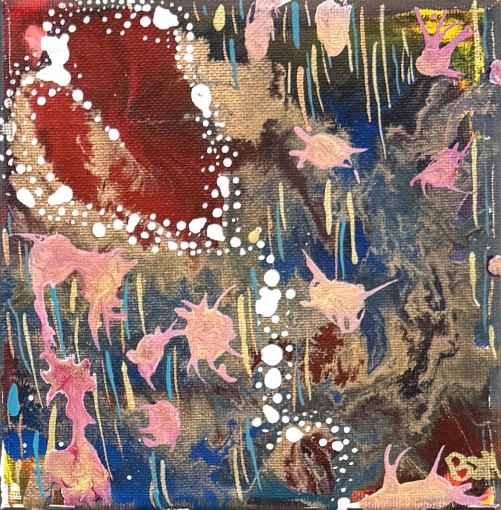 Becoming (2019) — Acrylic, 6"×6" — Belena Stuart Marquez Abstract acrylic painting with swirling layers of brown, blue, and dark gray, accented by vertical streaks of yellow and turquoise. Irregular pink forms appear across the surface, while a large red area in the upper left is bordered by small white dots. Additional white dots curve diagonally across the composition, creating contrast and movement.