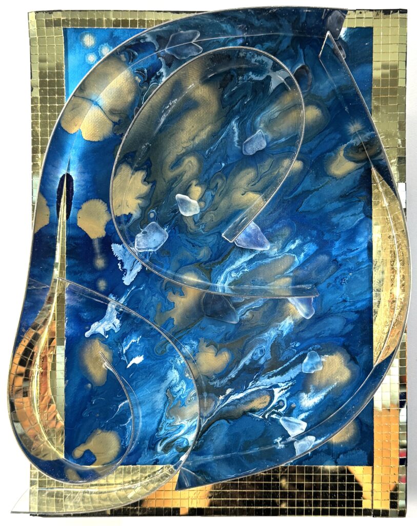 Blue Reflection (2026) — Mixed Media, 12"×8" — Belena Stuart Marquez Abstract mixed‑media artwork featuring a metallic gold grid background overlaid with a rectangular section of swirling blue and gold marbled patterns. Transparent, curved forms loop and twist across the surface, adding dimensionality and movement. A small “BSM” signature appears in the lower right corner.