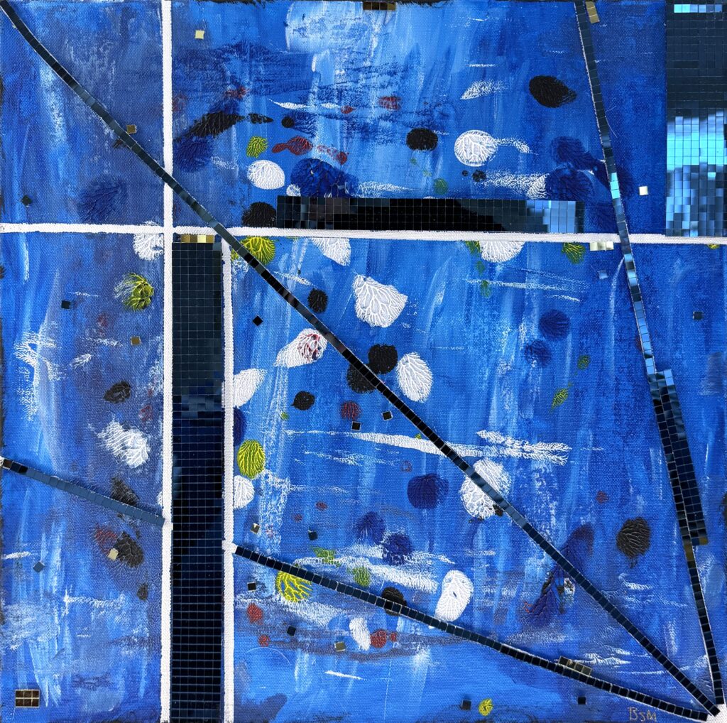 Blue Rhythm (2026) — Acrylic, Mirror Mosaic, 20"×20" — Belena Stuart Marquez Abstract painting dominated by deep blue sections divided by white and black geometric lines. Within the segmented areas are textured brushstrokes and scattered circular and square shapes in white, black, green, and red. The composition blends structured divisions with expressive marks, creating movement and depth. A small “BSM” signature appears in the lower right corner.