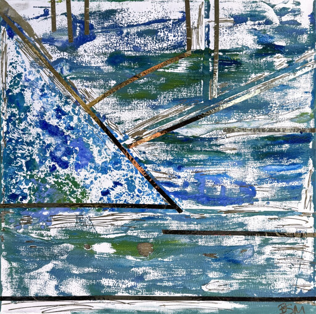 Blue Ridge (2026) — Acrylic, Chrome Foil, 20"×20" — Belena Stuart Marquez Abstract painting featuring geometric divisions in shades of blue, green, white, and brown. A large triangular section on the left contains splattered blue and white textures, while diagonal and horizontal lines intersect across the composition. Layered brushstrokes create depth reminiscent of shifting water or reflected light. A small “BSM” signature appears in the lower right corner.