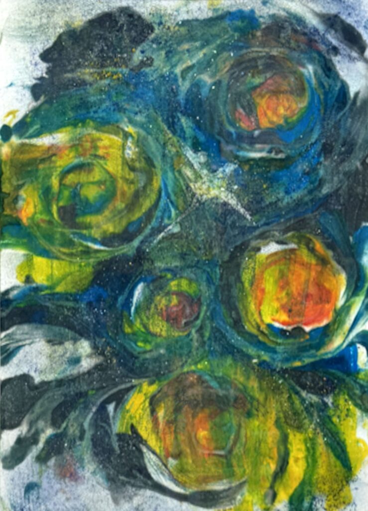 Bouquet (2019) — Acrylic, 12"×14" — Belena Stuart Marquez Abstract acrylic painting featuring swirling circular forms in shades of green, yellow, blue, and orange. The composition suggests motion and depth, with layered brushstrokes creating a cosmic or floral impression against a dark, textured background.