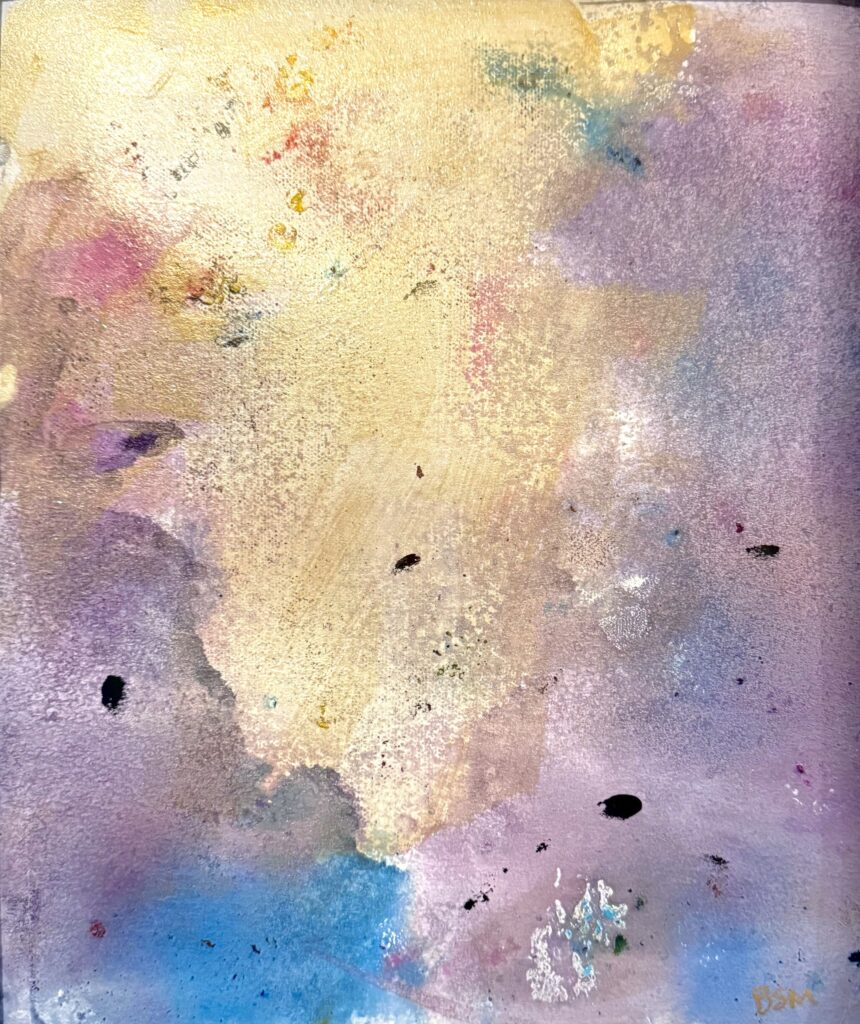 Burn Pit Sunrise (2026) — Watercolor, Acrylic, 12"×14" — Belena Stuart Marquez Abstract painting with soft, blended layers of gold, purple, pink, and blue. Metallic areas shimmer across the surface, with scattered darker spots adding contrast. The composition has an atmospheric, sunrise‑like glow. A small signature reading “BSM” appears in the lower right corner.