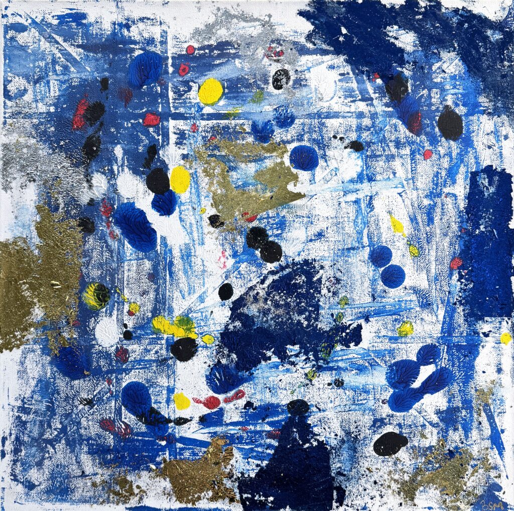 Connecting (2026) — Acrylic, Gold Leaf, 20"×20" — Belena Stuart Marquez Abstract painting dominated by layered blue brushstrokes with accents of yellow, black, white, red, and metallic gold. Circular and irregular shapes are scattered across the composition, creating a sense of movement and energetic texture. A small “BSM” signature appears in the lower right corner.
