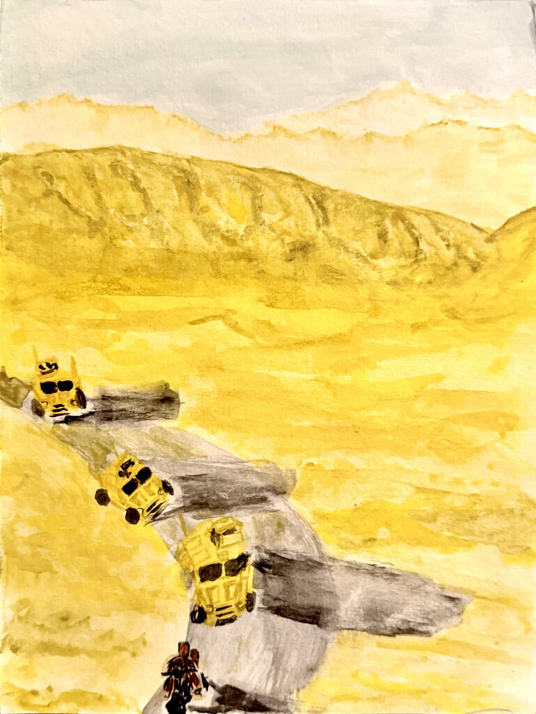 Convoy (2026) — Watercolor, 12"×14" — Belena Stuart Marquez Watercolor painting of a desert landscape with a winding gray road cutting through yellow sand and hills. Four yellow vehicles travel in a line along the road, while two small human figures stand near the roadside in the foreground. Pale mountains rise in the distance beneath a soft blue sky.