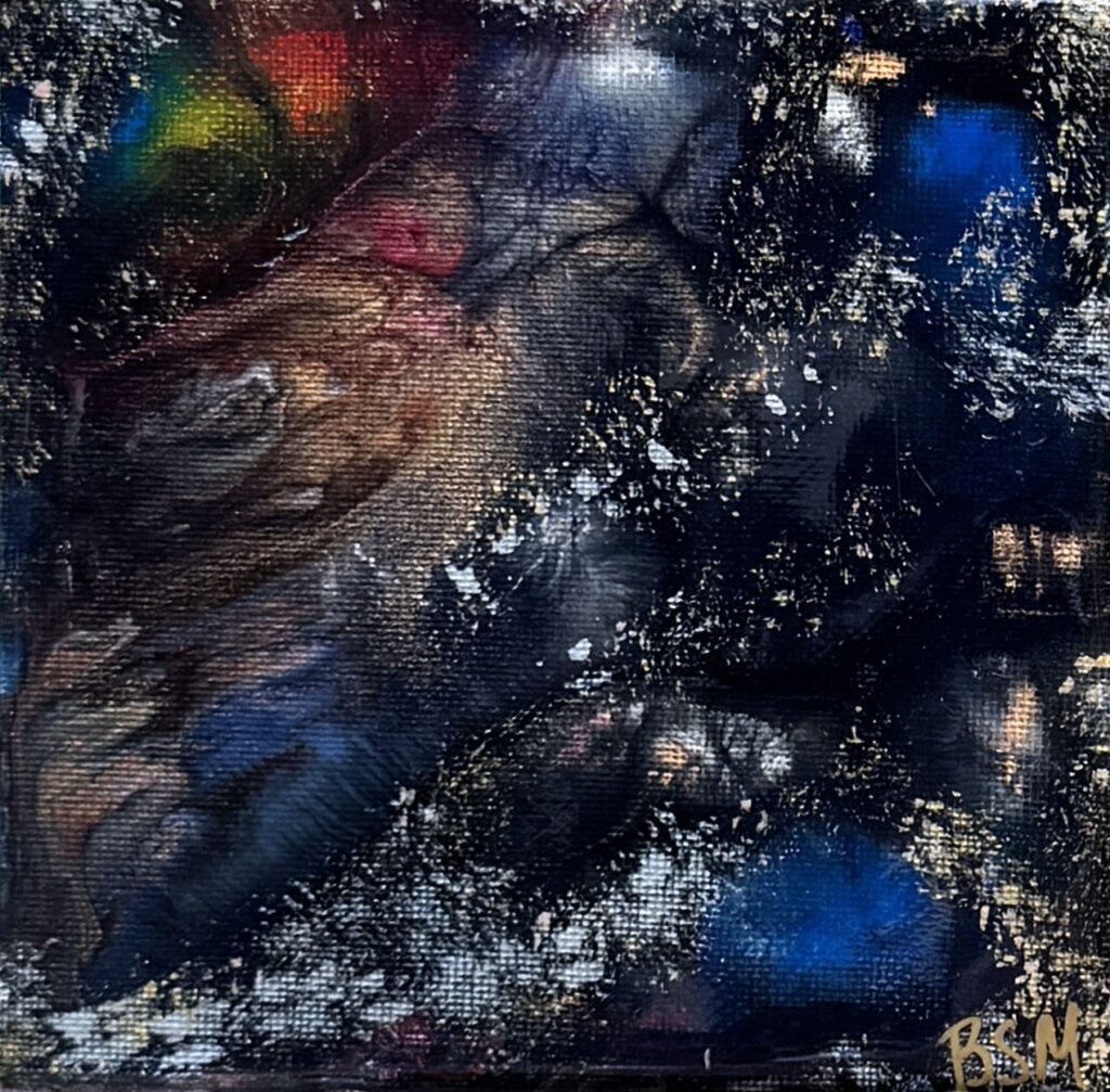 Desert Sky (2019) — Acrylic, Resin, 6"×6" — Belena Stuart Marquez Abstract painting with swirling patterns of deep blues, blacks, browns, and hints of red and gold. Scattered white specks evoke stars or cosmic dust, creating a celestial atmosphere. A small “BSM” signature appears in the lower right corner.
