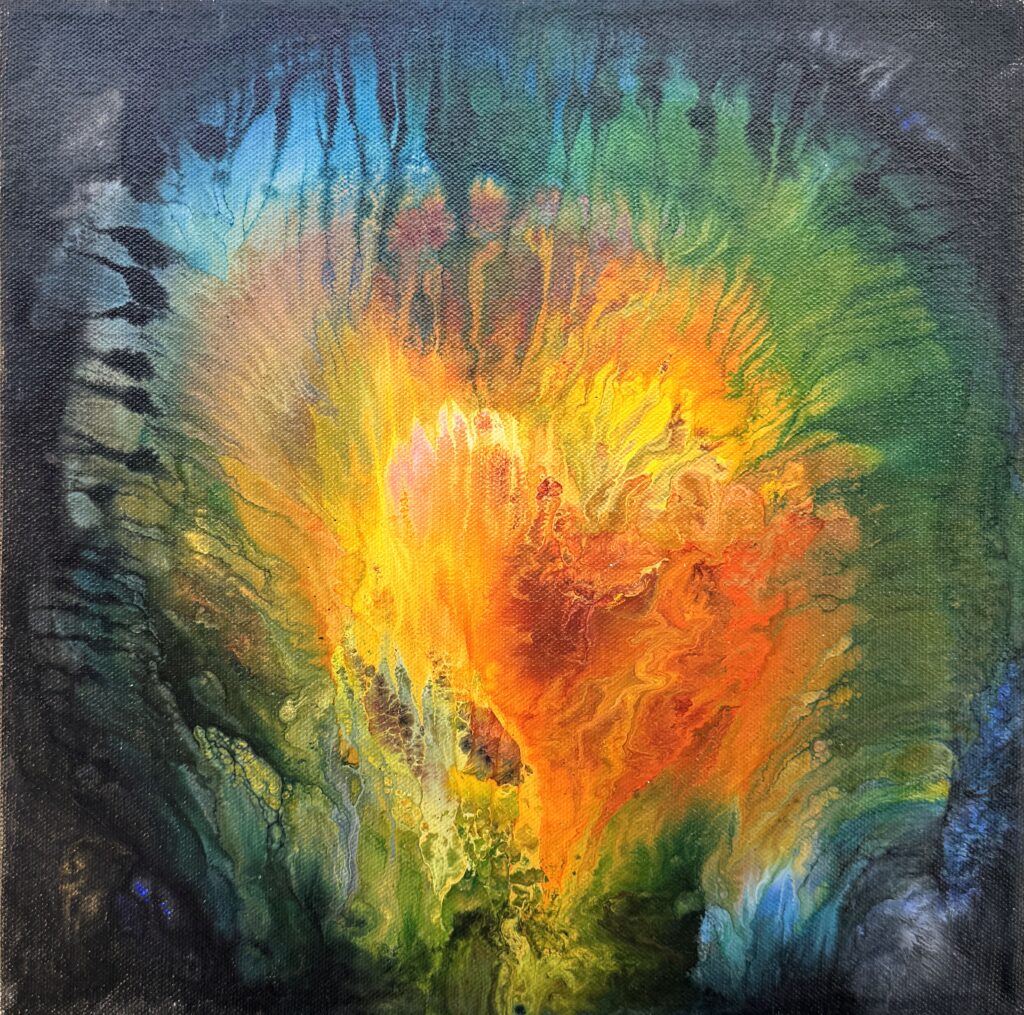 Heart (2019) — Acrylic, Resin, 12"×12" — Belena Stuart Marquez Abstract painting with vivid, swirling colors radiating outward from a bright central core. The center glows with yellows, oranges, and reds blending together, surrounded by cooler tones of green, blue, and black that create depth and contrast. Thick, layered textures evoke movement and energy, suggesting transformation or emotional intensity.