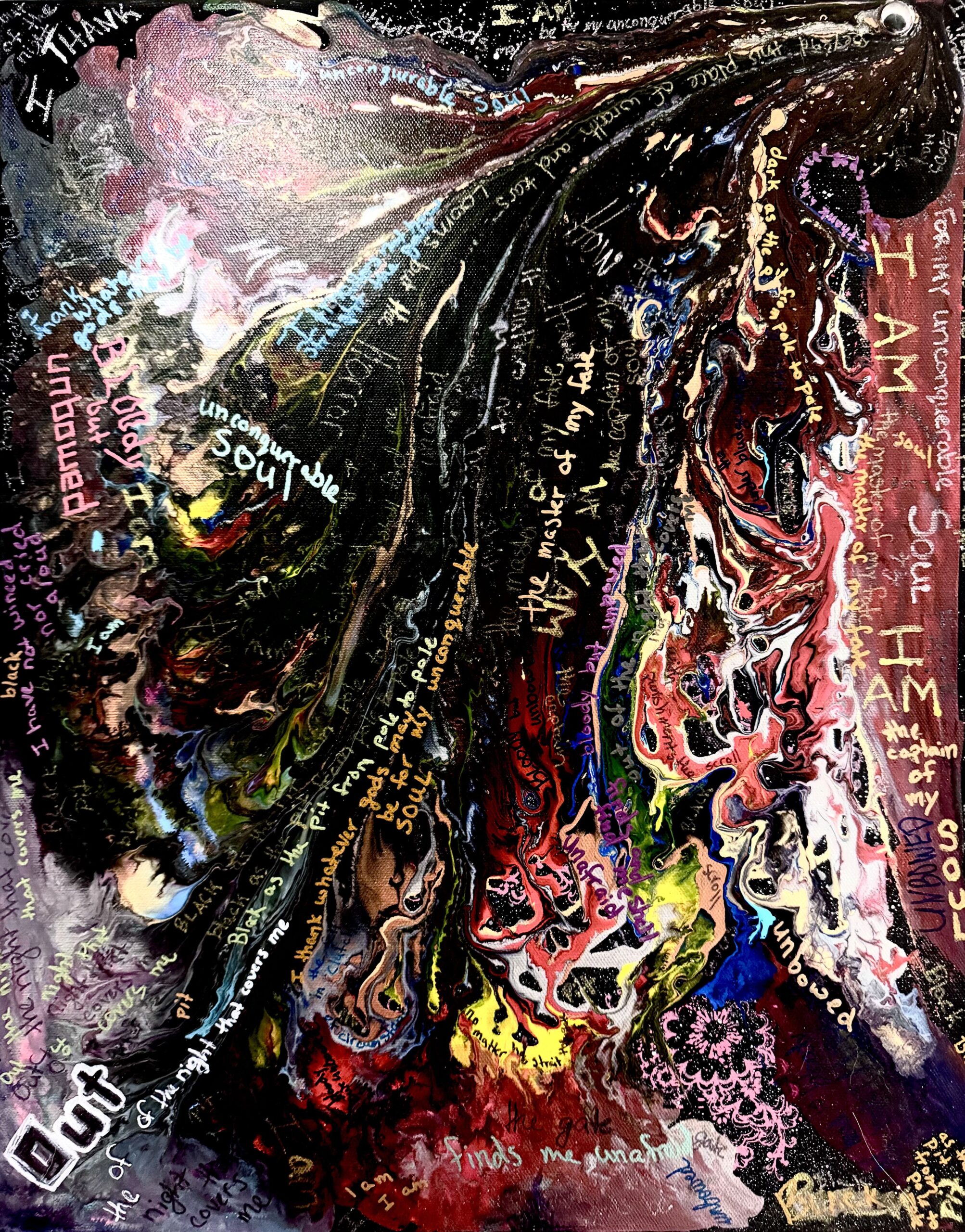 Invictus (2026) — Mixed Media, 20"×16" — Belena Stuart Marquez Abstract mixed‑media painting with swirling layers of black, red, yellow, purple, and white. Handwritten text appears throughout the composition in multiple colors and directions, creating a dense, expressive surface. The words include phrases of resilience and self‑determination integrated into the painted textures. A small “BSM” signature appears in the lower right corner.