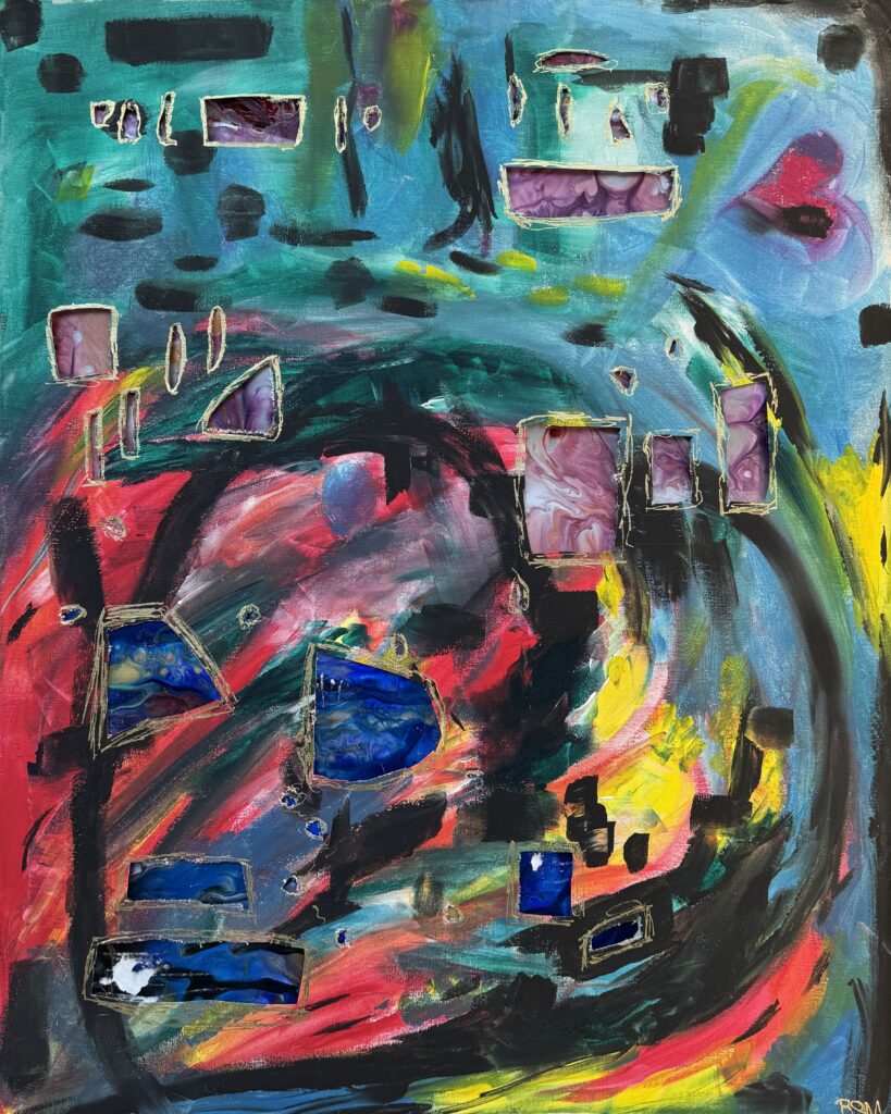 Kintsugi Thoughts (2026) — Acrylic, Vellum Paper, 24"×30" — Belena Stuart Marquez Abstract painting with swirling layers of turquoise, red, yellow, black, and green. Rectangular and irregular marbled shapes in purple and blue appear embedded across the surface, outlined with thin light borders. The composition balances fluid brushwork and geometric fragments, evoking movement and reflection.