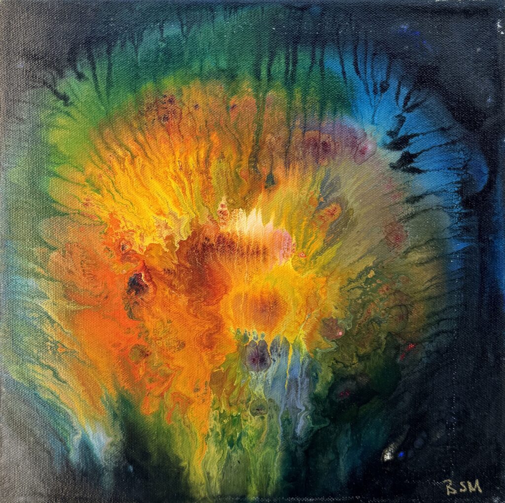 Mind (2019) — Acrylic, 12"×12" — Belena Stuart Marquez Abstract painting featuring a vivid burst of color radiating from the center. Bright yellows, oranges, and reds blend outward into greens, blues, and dark tones near the edges. The fluid, organic patterns suggest energy and light in motion. A small “BSM” signature appears in the lower right corner.