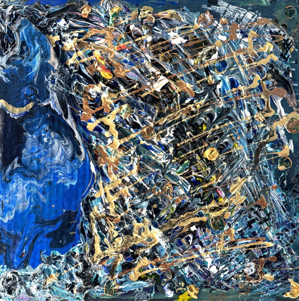 Mindful (2026) — Mixed Media, 12"×12" — Belena Stuart Marquez Abstract mixed‑media painting with layered blue brushstrokes accented by gold, white, brown, and green. Swirling patterns on the left transition into dense, energetic lines and textures on the right, creating a sense of movement and depth. A small “BSM” signature appears in the lower right corner.