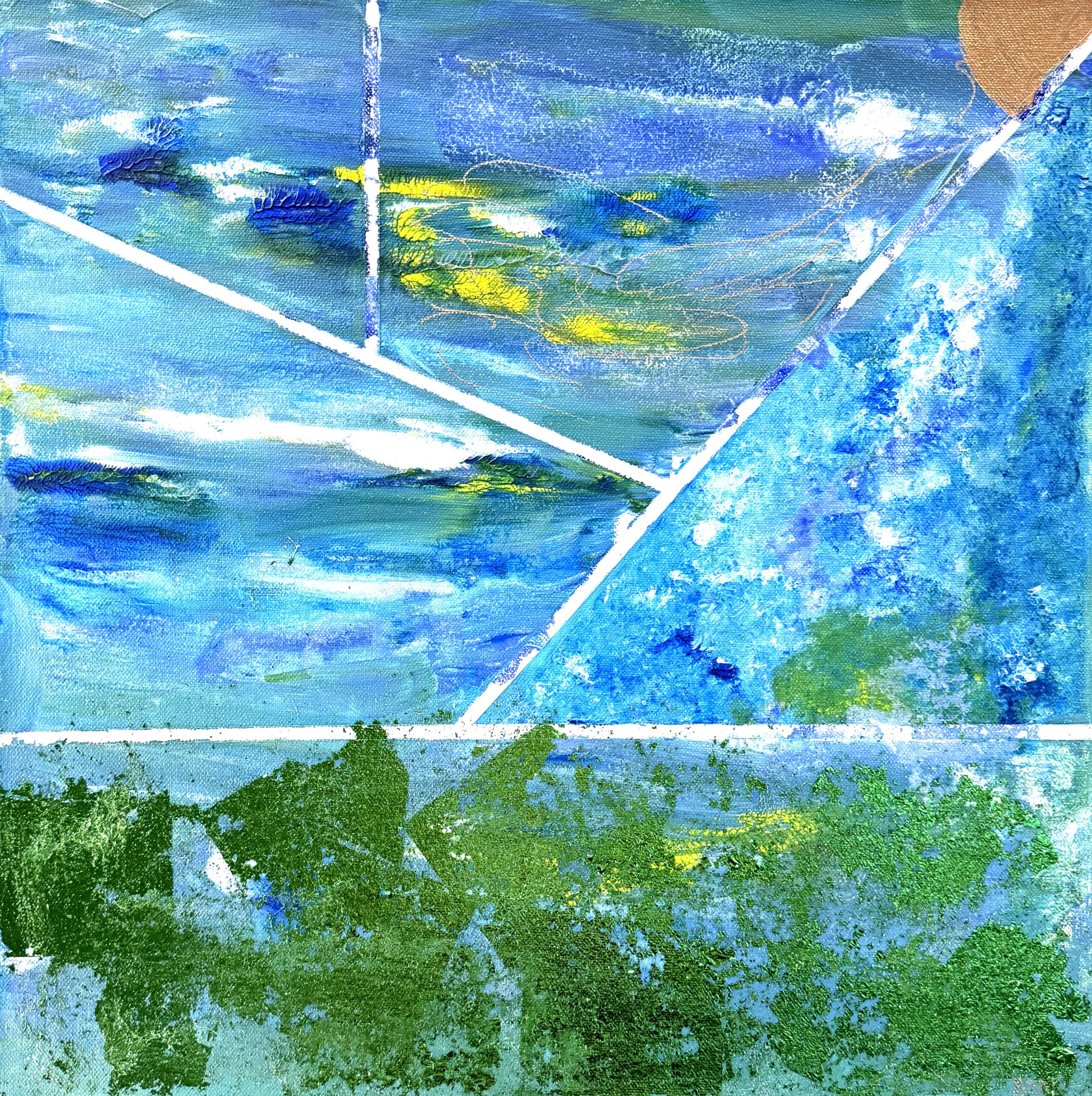Abstract painting divided by white geometric lines into triangular and rectangular sections. The upper area blends blues, turquoise, and yellow with textured brushstrokes; the lower area features layered greens suggesting land or foliage. A small tan circular shape appears in the upper right. Acrylic, gold leaf, and chrome ink on canvas.