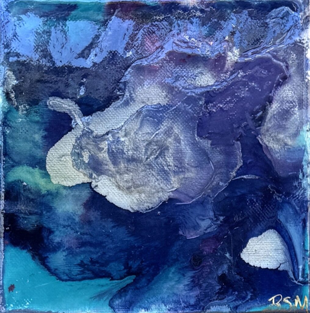 Mountain Skies (2019) — Acrylic & Resin, 6"×6" — Belena Stuart Marquez Abstract painting with swirling shades of blue, turquoise, and white. Thick, layered brushstrokes create a sense of fluid motion, resembling shifting sky or rolling clouds. A small “BSM” signature appears in the lower right corner.