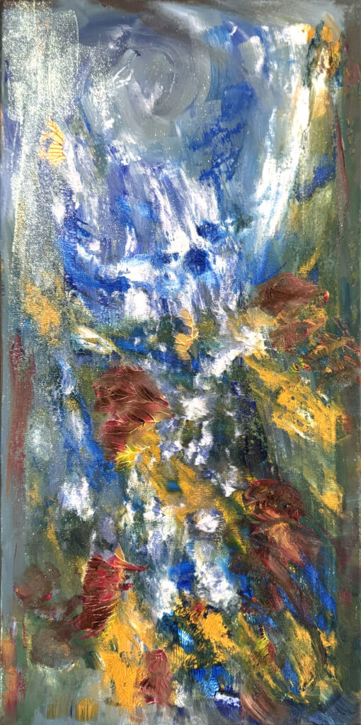 Mountain View (2026) — Acrylic, 12"×24" — Belena Stuart Marquez Abstract acrylic painting with swirling strokes of blue, white, yellow, green, and brown. The layered textures create a sense of flowing movement, evoking the impression of water cascading through a landscape or light shifting across natural forms.