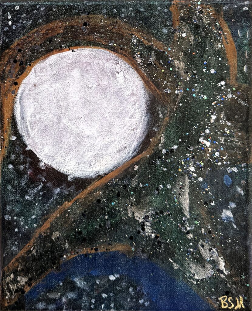 Night Fire (2019) — Acrylic & Mixed Media, 12"×8" — Belena Stuart Marquez Abstract painting featuring a bright white circular form at the center, surrounded by swirling dark green, black, and brown tones. White and silver specks appear throughout, creating a celestial, star‑like effect. A small “BSM” signature appears in the lower right corner.