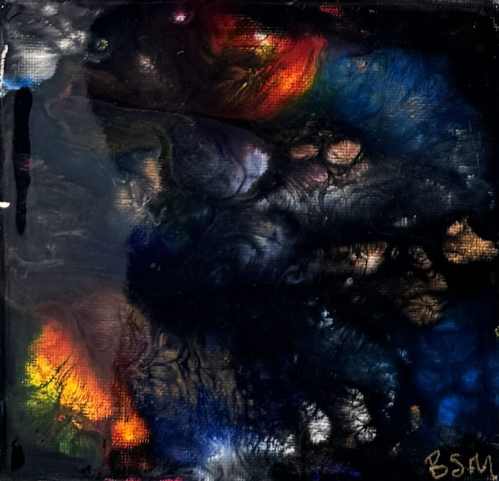 Night Thoughts (2019) — Acrylic, Resin, 6"×6" — Belena Stuart Marquez Abstract painting with swirling layers of deep blues, blacks, and purples accented by bright red, orange, yellow, and white. The fluid, marbled textures create a sense of cosmic motion and atmospheric depth. A small “BSM” signature appears in the lower right corner.