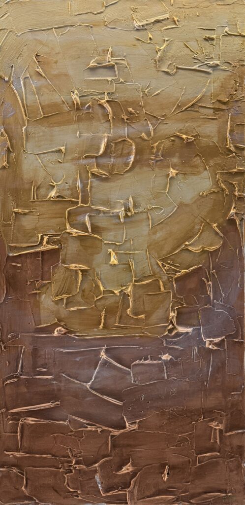 Qalat (2026) — Mixed Media, 15"×30" — Belena Stuart Marquez Abstract mixed‑media painting with thick, layered textures applied using a palette knife. The colors transition from warm golden tones at the top to deep brown shades at the bottom. Angular raised forms and overlapping strokes create a sense of depth and structure, evoking the look of ancient stone or earth walls.
