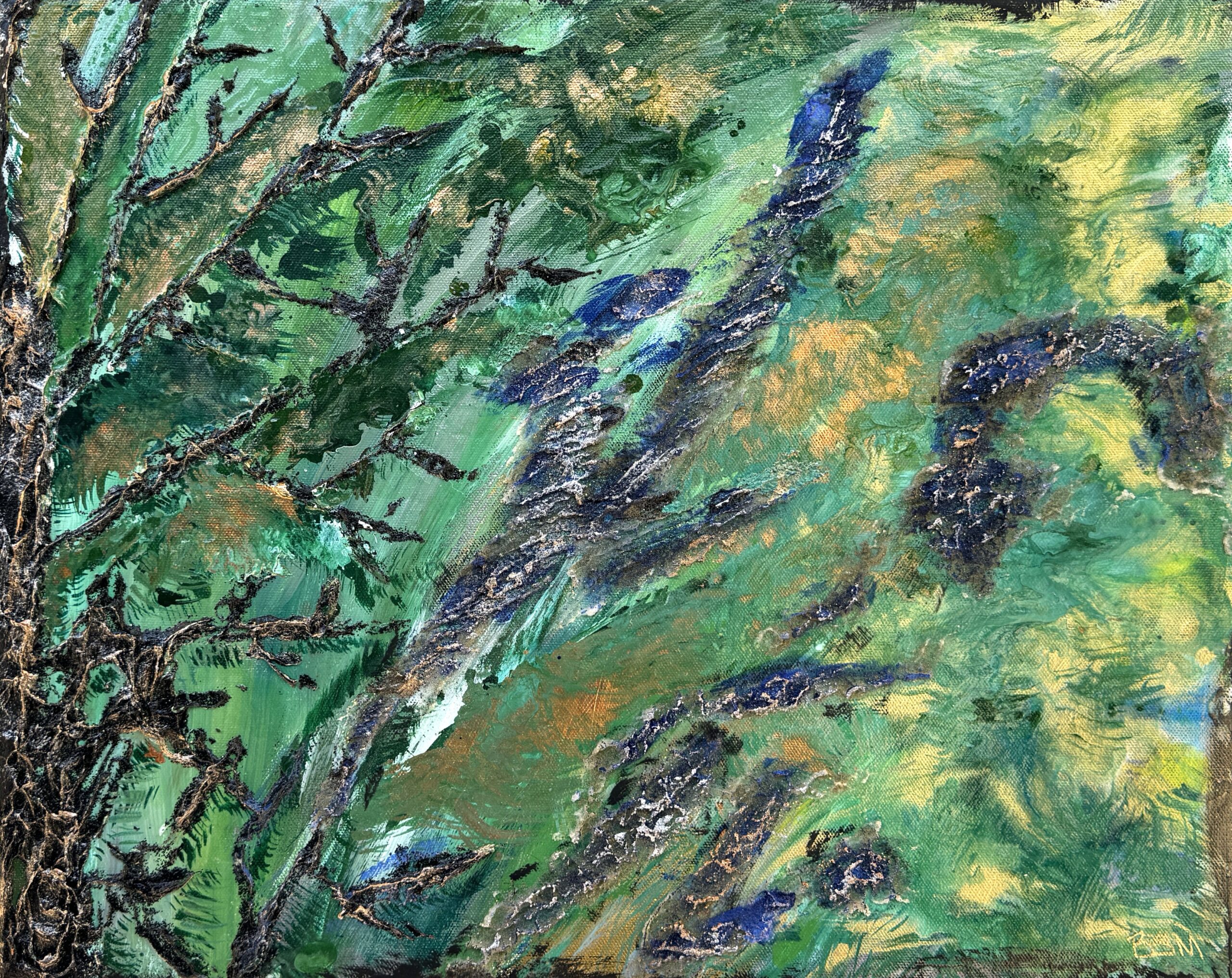 Reforestation (2019) — Mixed Media, 20"×16" — Belena Stuart Marquez Abstract mixed‑media painting with layered strokes of green, blue, yellow, and brown. Thick textures and overlapping marks create an impression of foliage and natural growth, evoking the feeling of a dense, living landscape.