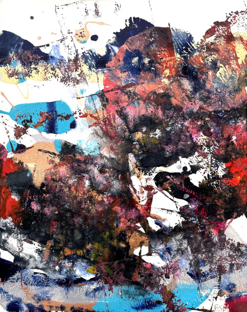 Scatter (2019) — Acrylic, 18"×34" — Belena Stuart Marquez Abstract acrylic painting with dense layers of red, blue, black, brown, and white. The surface features splattered, smeared, and brushed textures that create an energetic, chaotic composition with a sense of movement and depth.