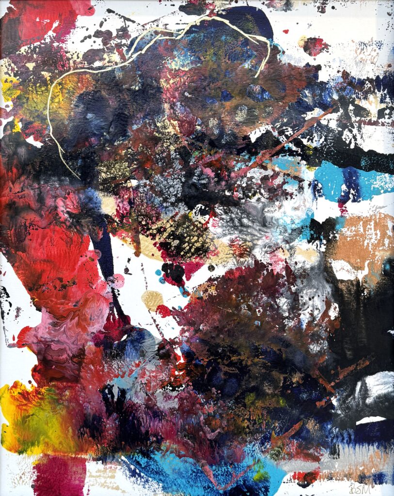 Silhouette (2019) — Acrylic, 18"×24" — Belena Stuart Marquez Abstract acrylic painting with dense layers of red, blue, black, yellow, and white. Thick strokes, splashes, and dripped textures create a dynamic, high‑contrast composition with a sweeping curved line near the top that adds direction and movement.