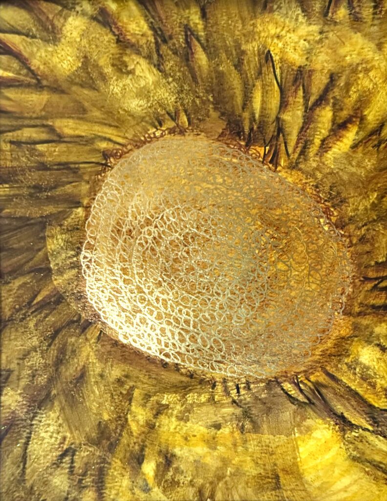 Sun/Flower (2026) — Watercolor & Chrome Ink, 12"×14" — Belena Stuart Marquez Close‑up abstract depiction of a sunflower with a textured circular center made of looping golden and brown patterns. Radiating strokes of yellow, gold, and brown form petal‑like shapes around the center, creating a warm, dynamic composition.