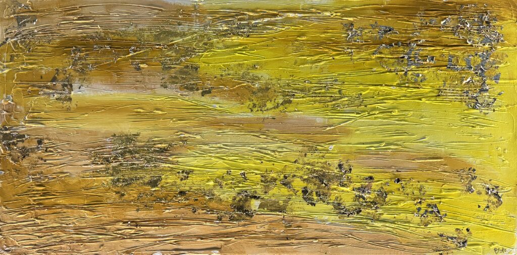 Wadi (2026) — Mixed Media, 15"×30" — Belena Stuart Marquez Abstract mixed‑media painting in golden and yellow tones with layered horizontal textures. Thick strokes and raised ridges create a tactile surface, with scattered darker patches adding depth and contrast. The composition evokes the feeling of sunlit earth or a windswept desert landscape.