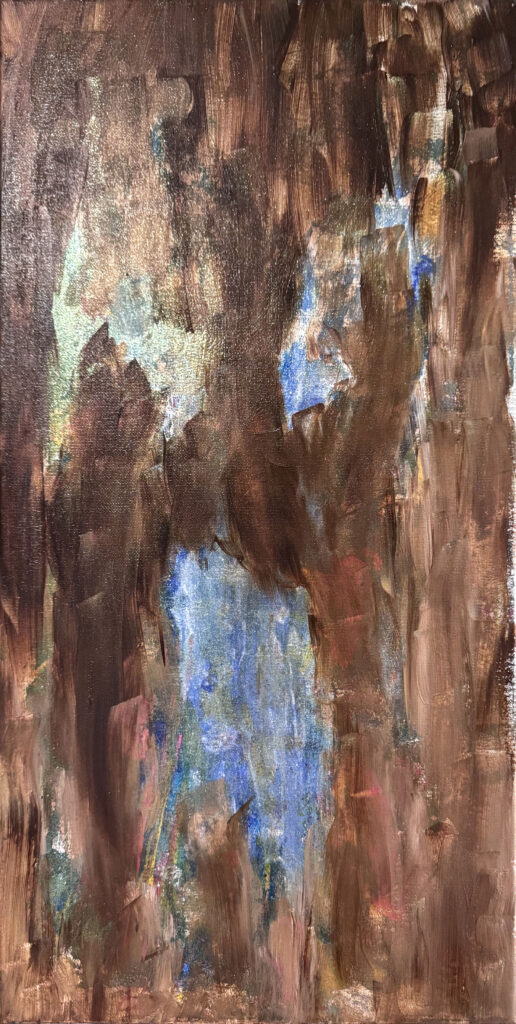 Wooden Scream (2026) — Acrylic, 12"×24" — Belena Stuart Marquez Abstract acrylic painting with layered brown brushstrokes forming vertical and diagonal textures over areas of blue, green, and hints of gold and red. The cooler colors beneath create depth and contrast, giving the impression of movement or light emerging through a dense, earthy surface.