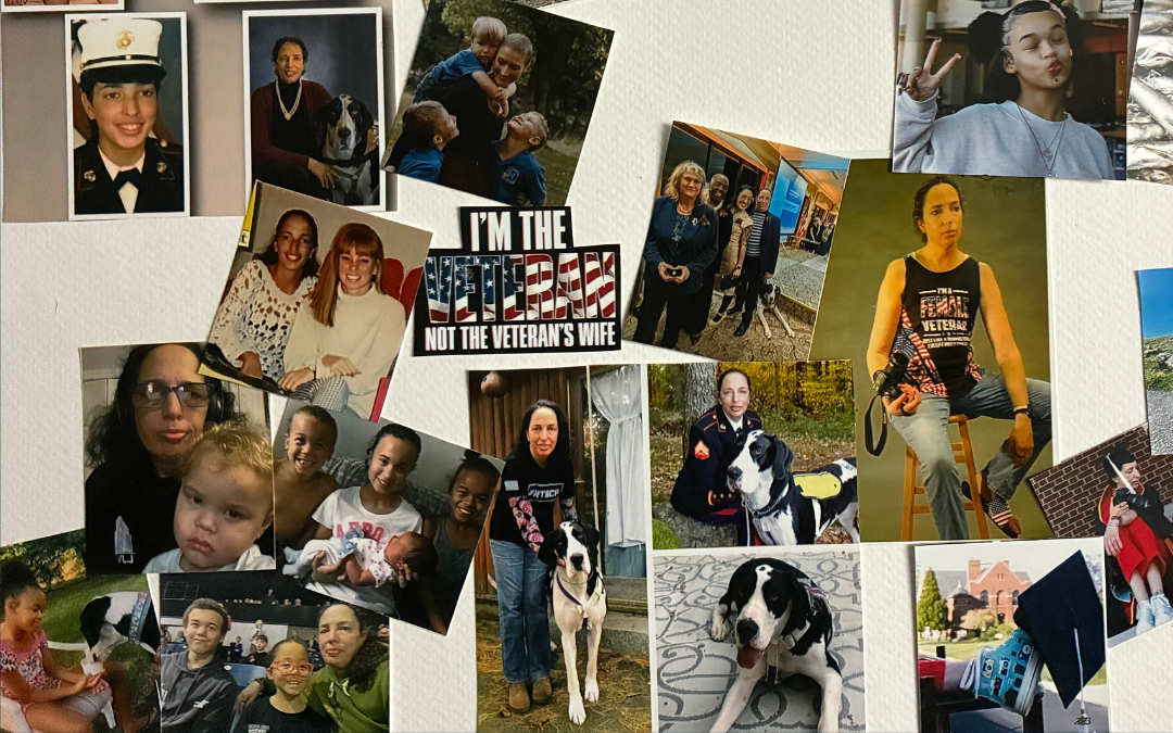 A collage of personal photos showing Micaila Britto's life, including moments in uniform, family scenes, and time with a large black‑and‑white dog. At the center, text reads “I’m the Veteran, not the Veteran’s wife.”