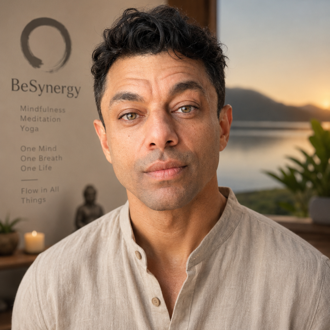 Adrian Ayala — Artist Headshot (1080×1080) Artist Adrian Ayala stands indoors wearing a light linen shirt, looking calmly toward the camera. Behind him, a serene view of a lake and mountains glows in the sunset through a window. A wall beside him displays the BeSynergy logo and words including “Mindfulness,” “Meditation,” “Yoga,” and “Flow in All Things,” creating a peaceful, reflective atmosphere.