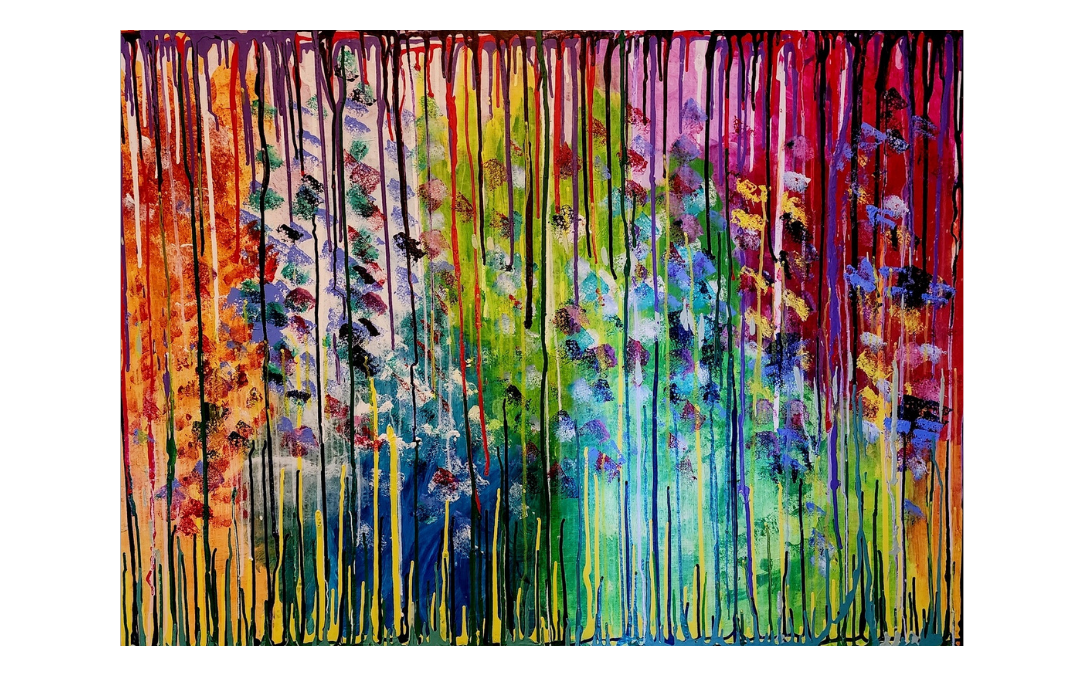 An abstract painting shows vibrant vertical drips of red, orange, yellow, green, blue, and purple blending into textured patches and brushstrokes below.